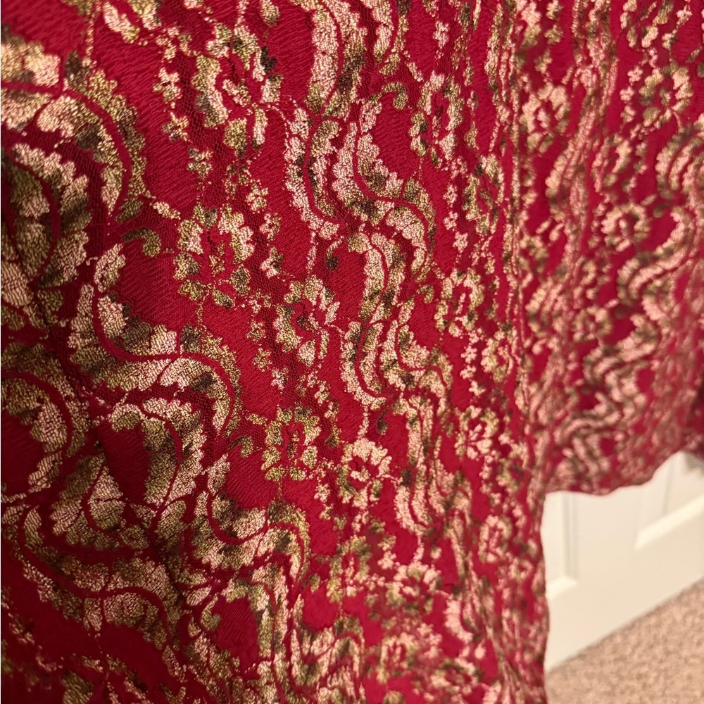LuLaRoe Shirley Kimono Red Raspberry/Gold Lace Knit Open Front  Sweater Size Lar - Picture 11 of 11